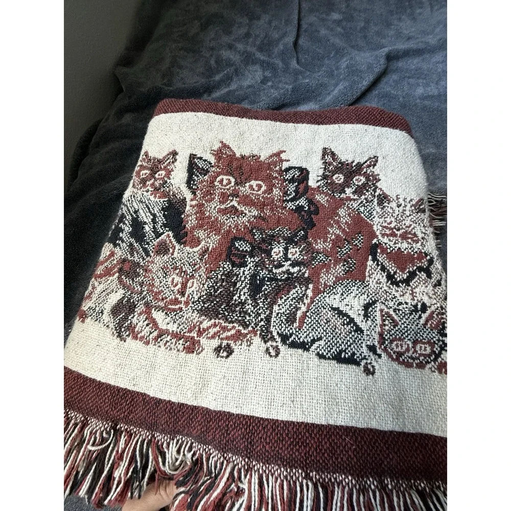 Vintage 90s Tapestry Throw Blanket Playful Cats Persian Cat w/ Fringe 1992